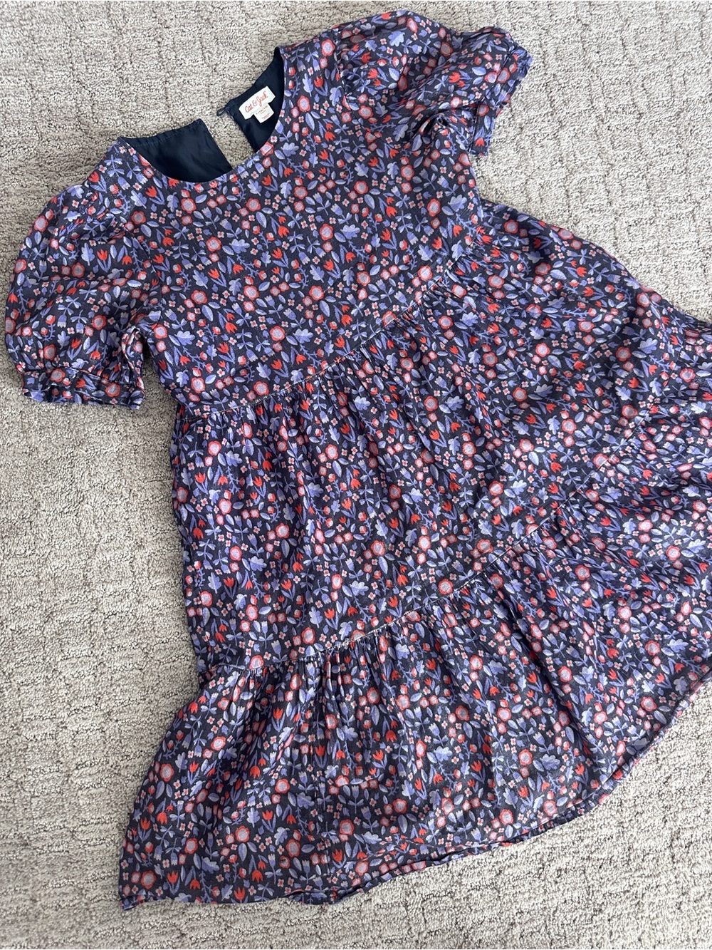Cat & Jack Navy Floral Tiered Dress with red & Purple Accents shimmer. L 10/12